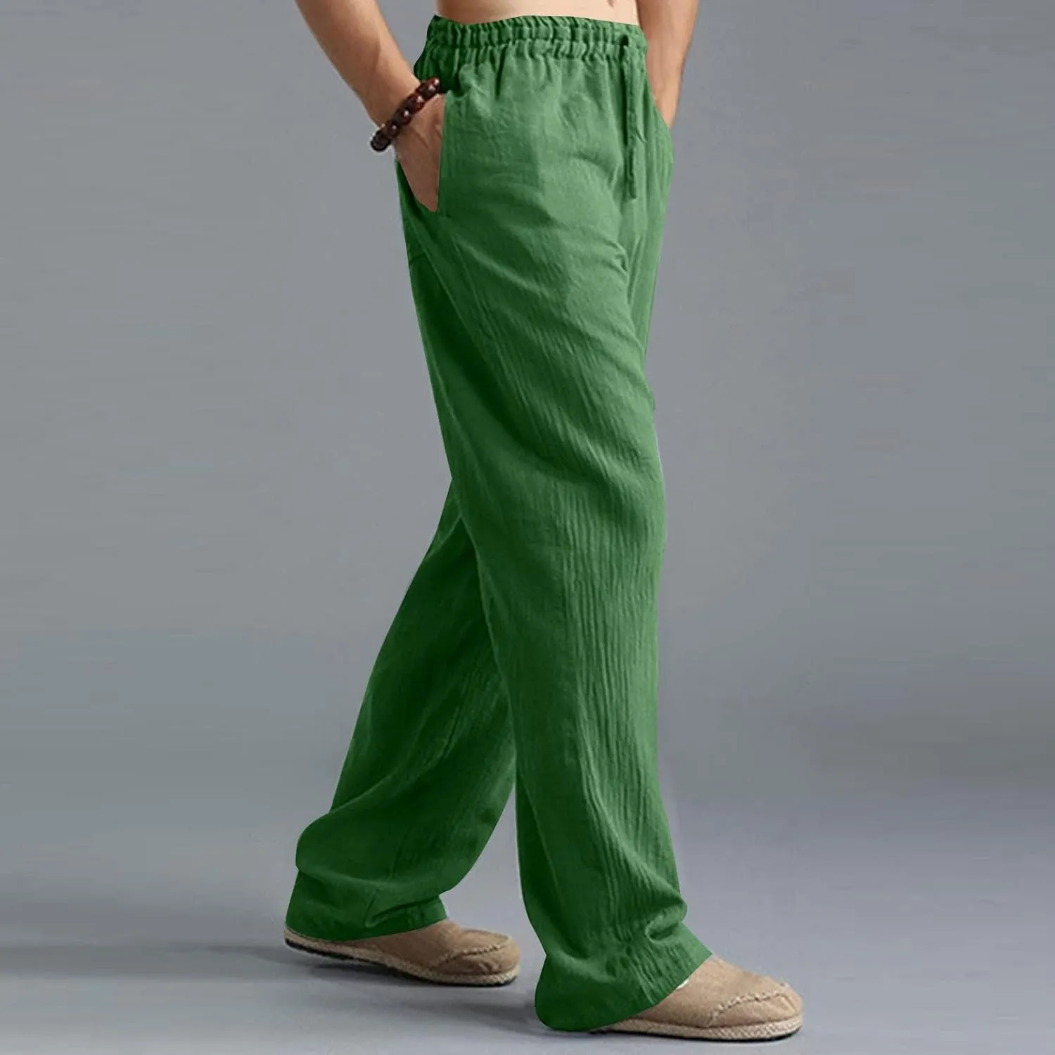 Men Linen Pants Plus Size Solid Beach Vacation Pants Drawstring Waist Lightweight Loose Slacks Summer Casual Trousers