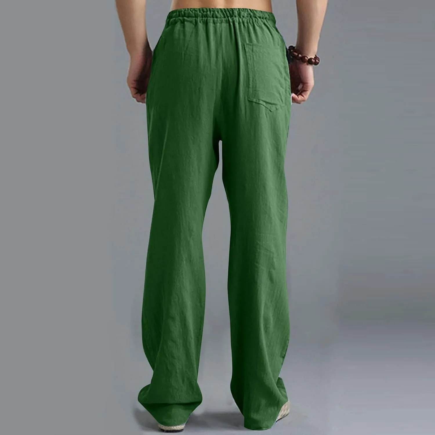 Men Linen Pants Plus Size Solid Beach Vacation Pants Drawstring Waist Lightweight Loose Slacks Summer Casual Trousers