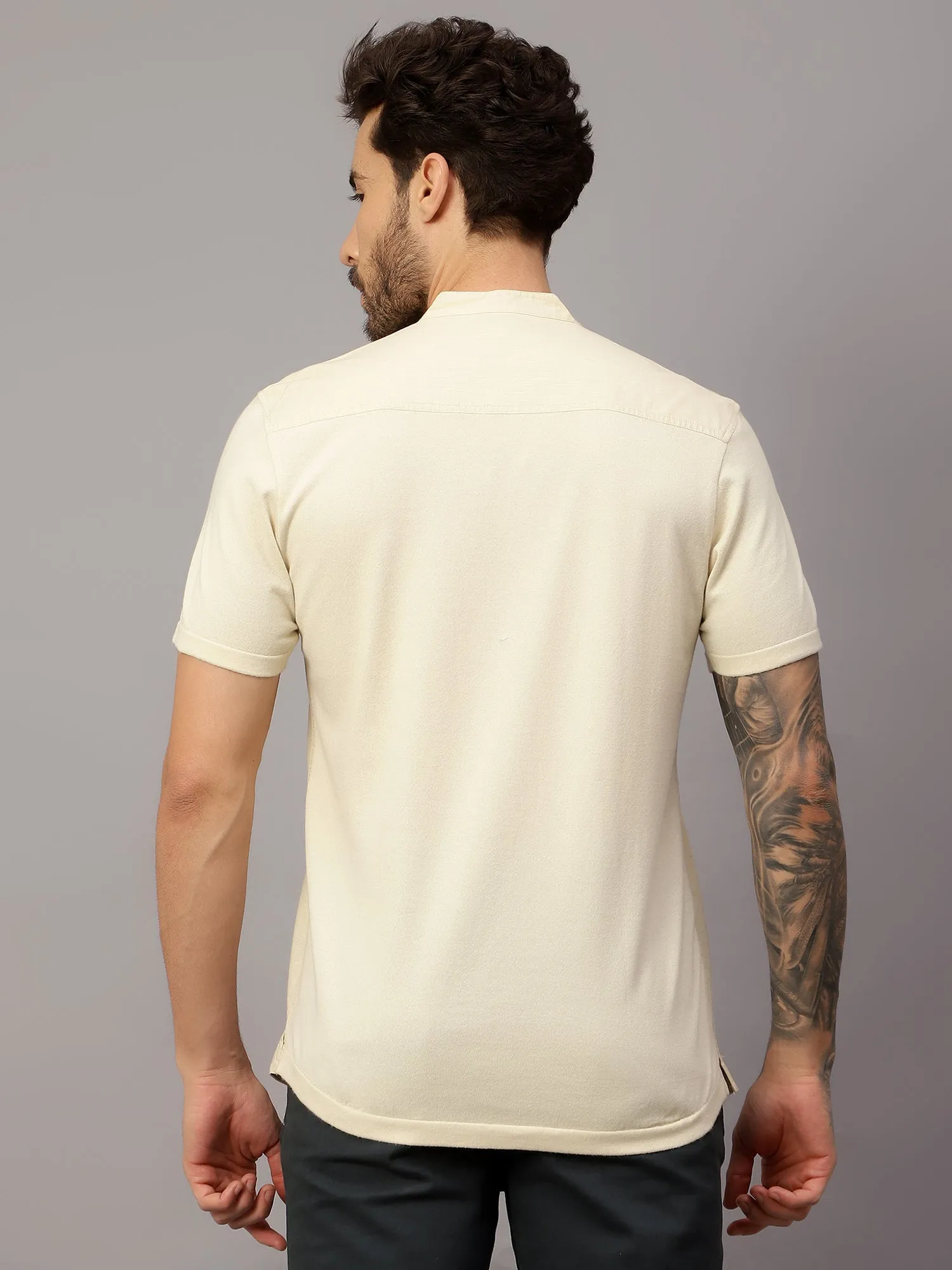 Men's Beige Casual Plain Half sleeve Shirt Kurta