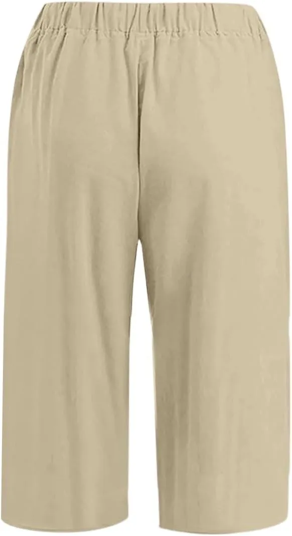 Mens Cotton Linen Pants Slim Fit 3/4 Long Shorts Elastic Waist Drawstring Harem Casual Beach Trousers