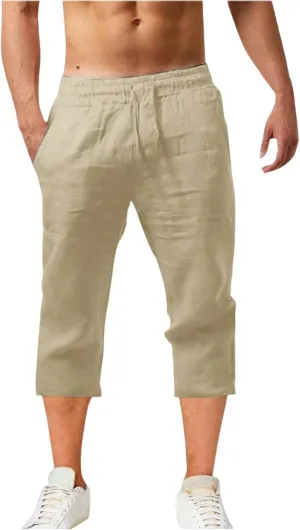 Mens Cotton Linen Pants Slim Fit 3/4 Long Shorts Elastic Waist Drawstring Harem Casual Beach Trousers