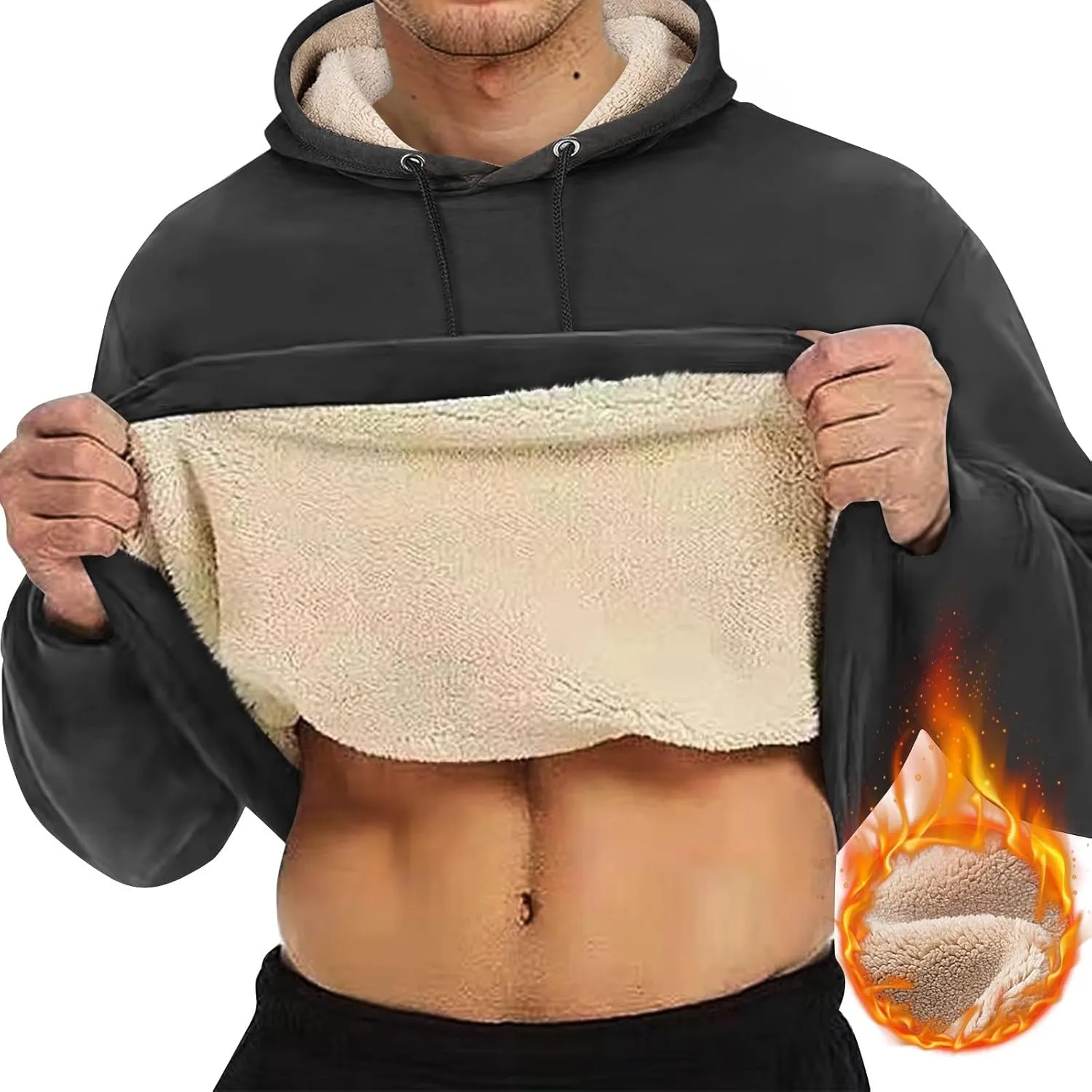 Mens Hoodies Winter Warm Pullover Long Sleeve Sherpa Hooded Sweatshirt Thick Plush Athletic Sweatshirts with Pockets