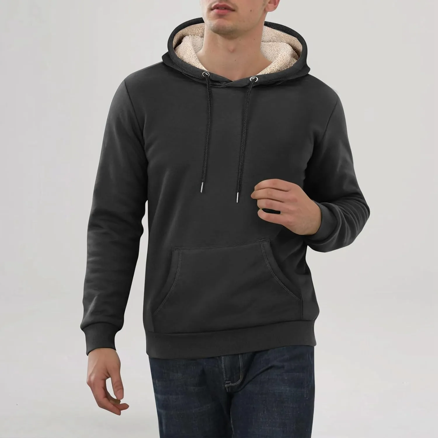 Mens Hoodies Winter Warm Pullover Long Sleeve Sherpa Hooded Sweatshirt Thick Plush Athletic Sweatshirts with Pockets