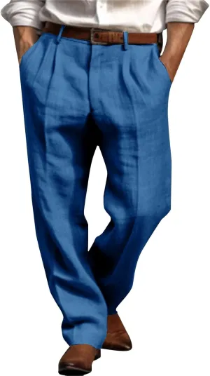 Mens Linen Casual Pants Plain Beach Vacation Pants Elastic Waist Lightweight Loose Pleated Slacks Summer Trousers