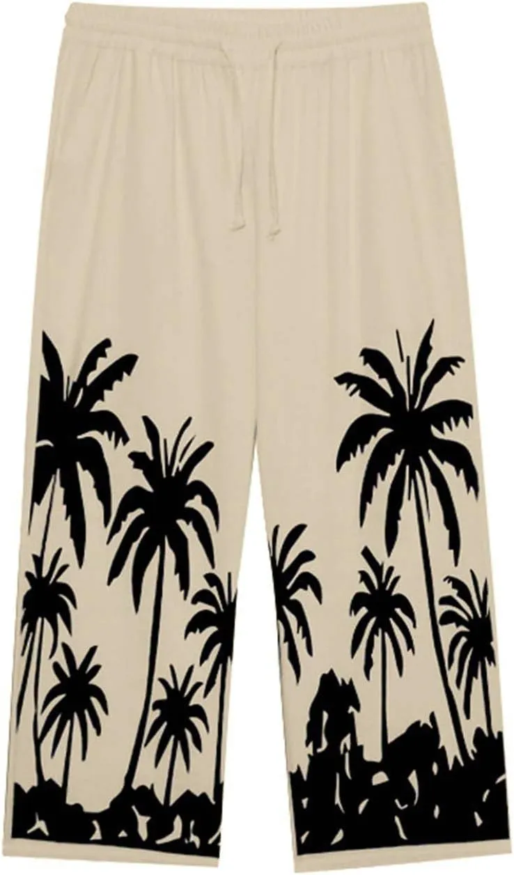 Men's Linen Pants Palm Tree Graphic Pant Summer Outdoor Vacation Beach Plus Size Trousers Casual Open Bottom Slacks