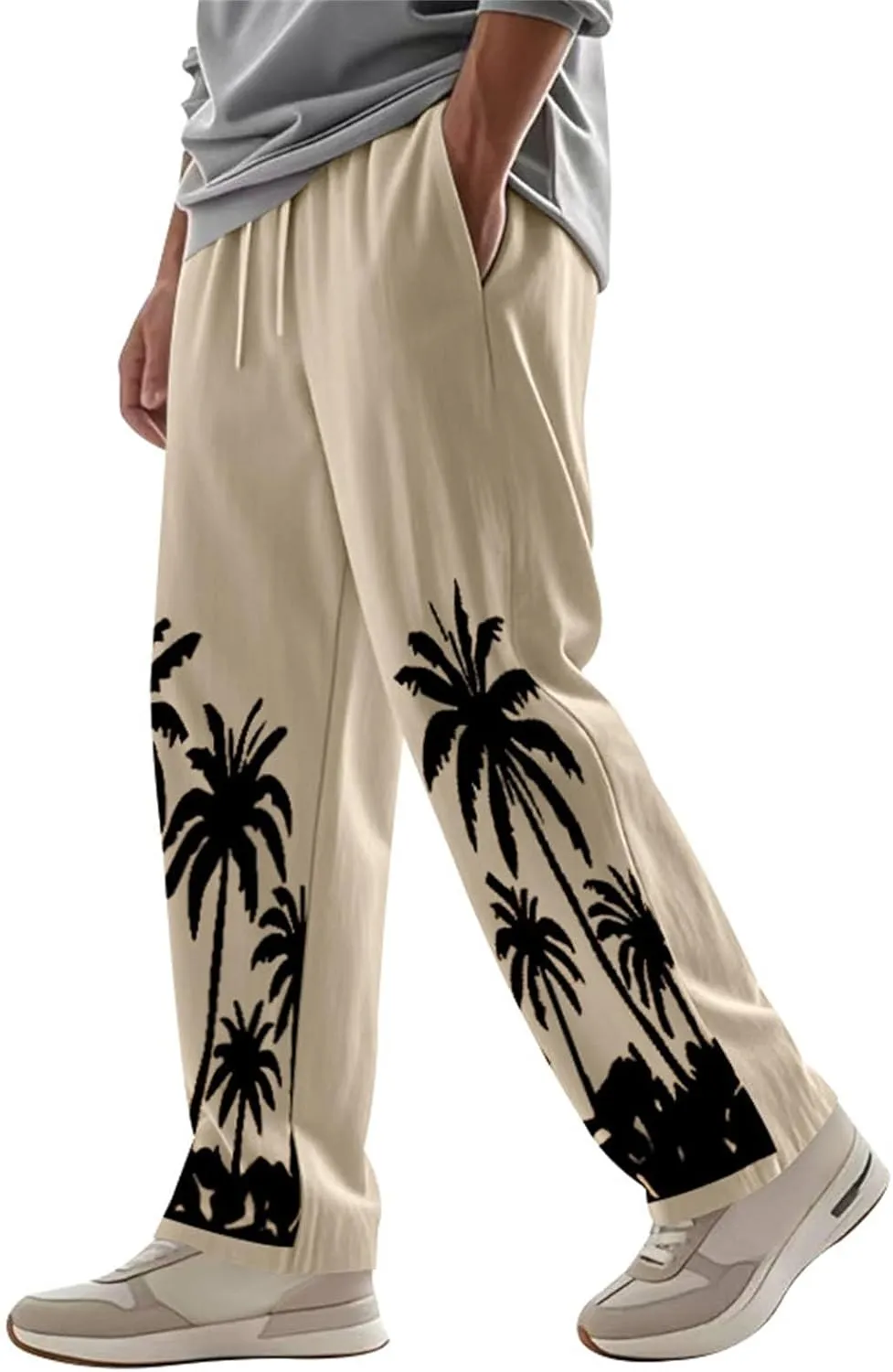 Men's Linen Pants Palm Tree Graphic Pant Summer Outdoor Vacation Beach Plus Size Trousers Casual Open Bottom Slacks