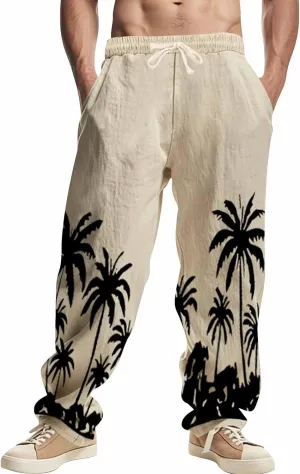 Men's Linen Pants Palm Tree Graphic Pant Summer Outdoor Vacation Beach Plus Size Trousers Casual Open Bottom Slacks