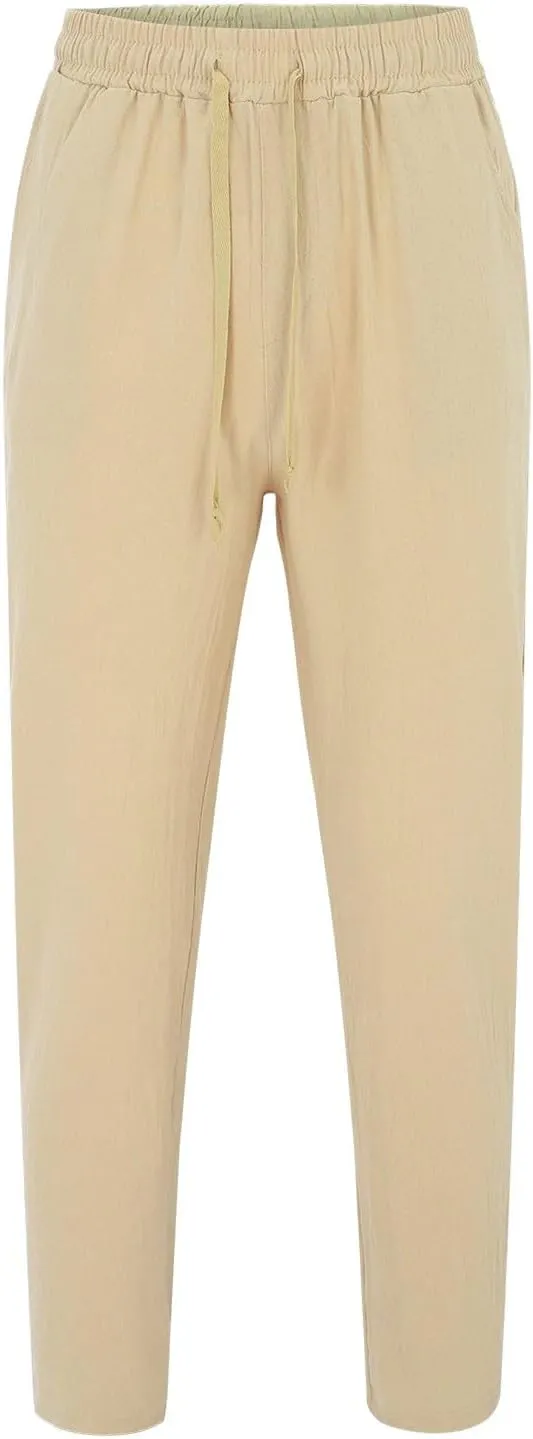 Men's Linen Pants Plain Casual Pant Summer Outdoor Vacation Beach Plus Size Trousers Lightweight Open Bottom Slacks