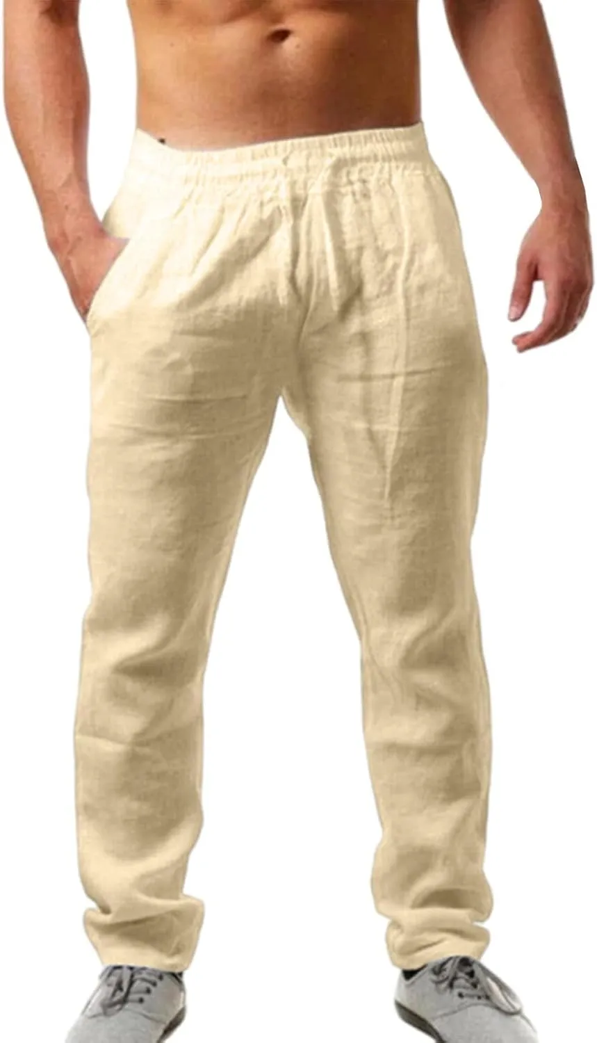 Men's Linen Pants Plain Casual Pant Summer Outdoor Vacation Beach Plus Size Trousers Lightweight Open Bottom Slacks