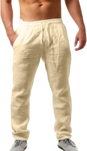 Men's Linen Pants Plain Casual Pant Summer Outdoor Vacation Beach Plus Size Trousers Lightweight Open Bottom Slacks