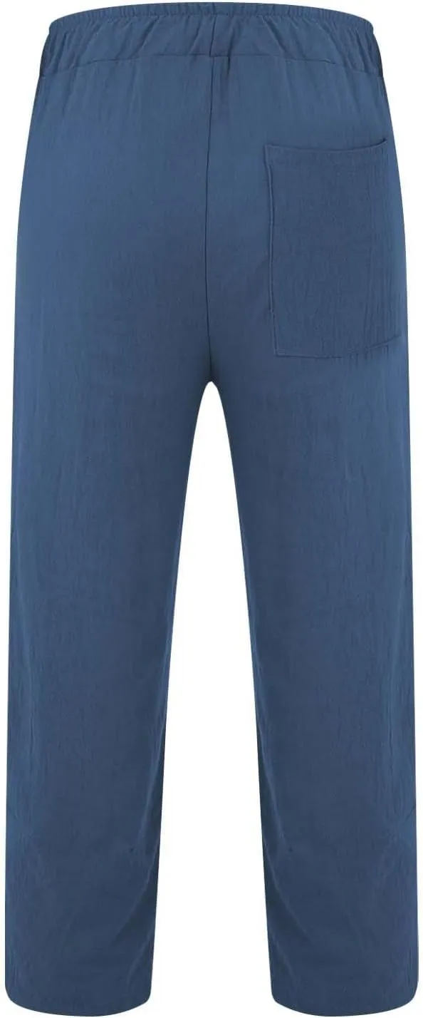 Men's Linen Pants Plus Size Plain Casual Pant Summer Outdoor Vacation Beach Trousers Lightweight Open Bottom Slacks