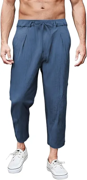 Men's Linen Pants Plus Size Plain Casual Pant Summer Outdoor Vacation Beach Trousers Lightweight Open Bottom Slacks
