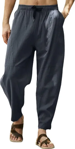 Mens Plus Size Linen Beach Pants Casual Solid Tapered Pant Summer Vacation Trousers Lightweight Drawstring Slacks