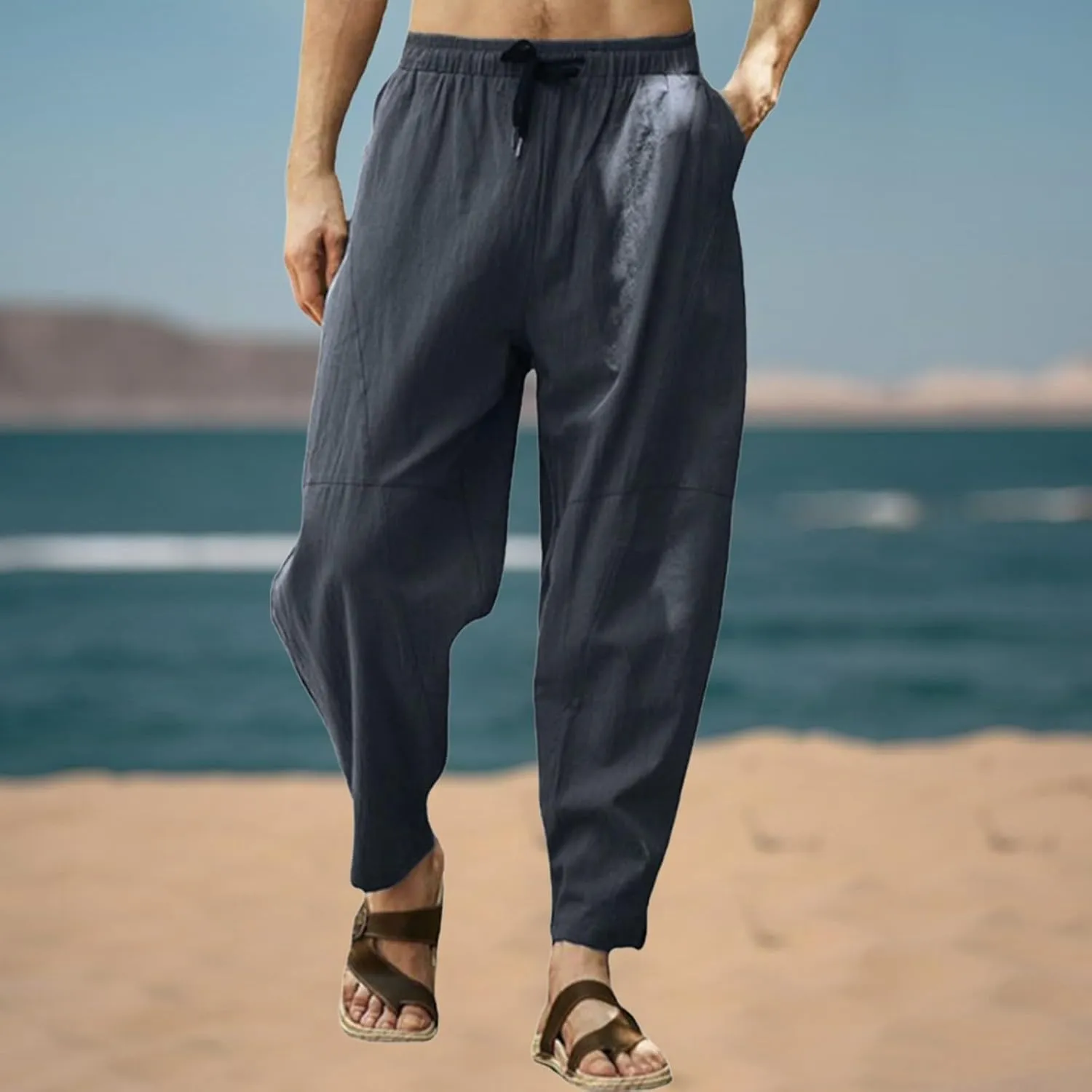 Mens Plus Size Linen Beach Pants Casual Solid Tapered Pant Summer Vacation Trousers Lightweight Drawstring Slacks