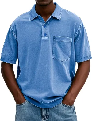 Men's Polo Shirts Short Sleeve Distressed Washed T-Shirt Button Casual Banded Bottom Tee Tops with Pocket