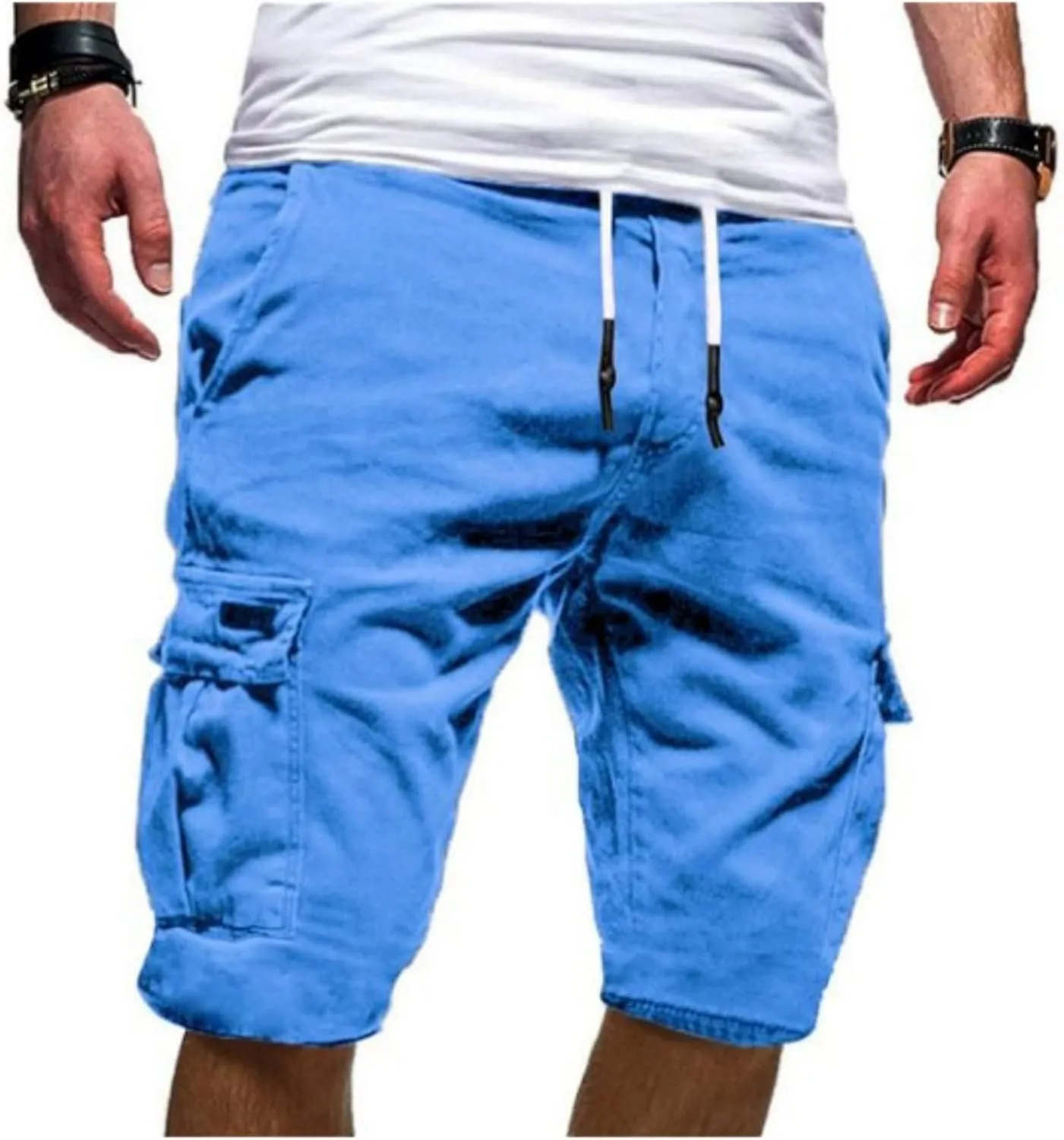 Mens Slim Fit Short Shorts Drawstring Elastic Waist Cargo Style Multi -Pocketed for Outdoor Summer Work