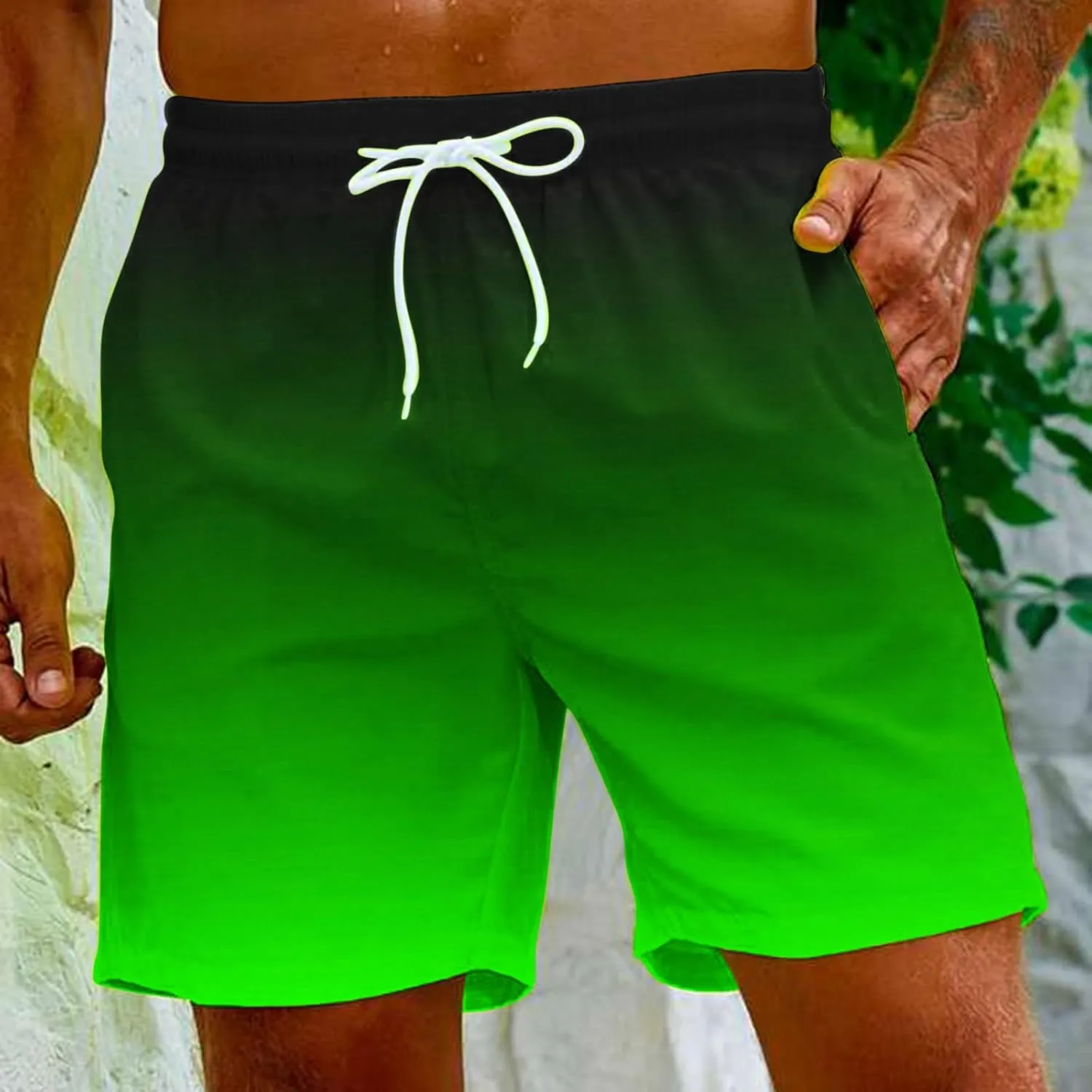 Mens Summer Beach Short Pants Gradient Drawstring Elastic Stretch Casual Shorts Multi-Pocket Fast Dry Baggy Jorts