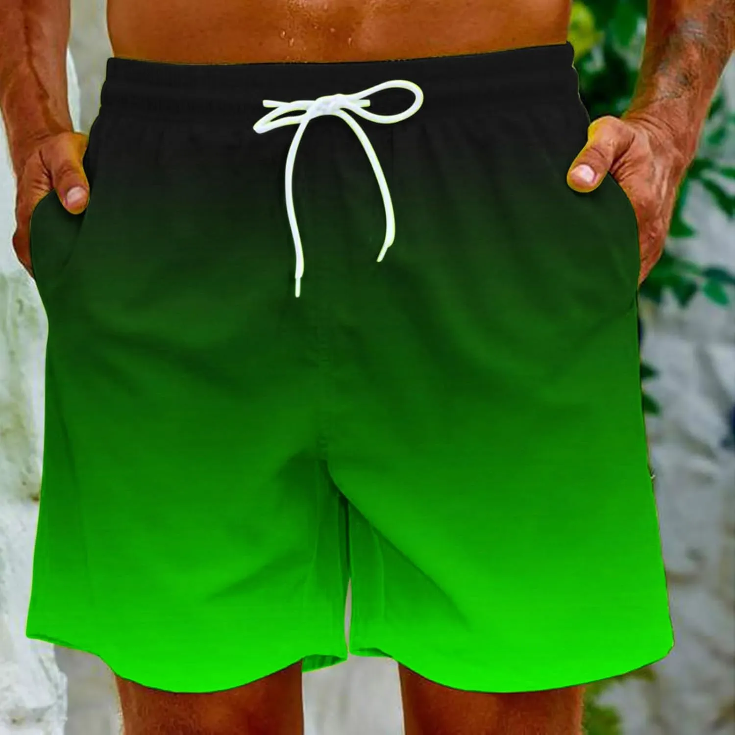 Mens Summer Beach Short Pants Gradient Drawstring Elastic Stretch Casual Shorts Multi-Pocket Fast Dry Baggy Jorts
