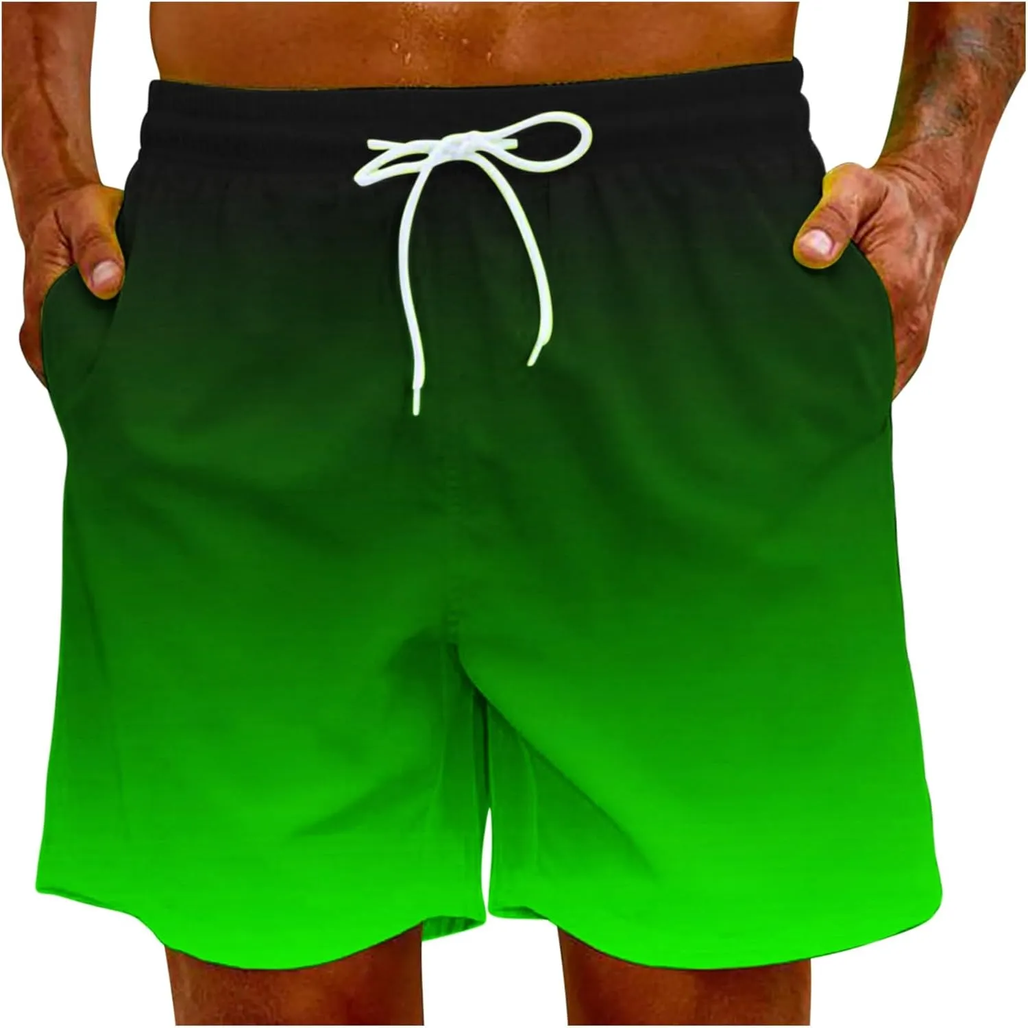 Mens Summer Beach Short Pants Gradient Drawstring Elastic Stretch Casual Shorts Multi-Pocket Fast Dry Baggy Jorts