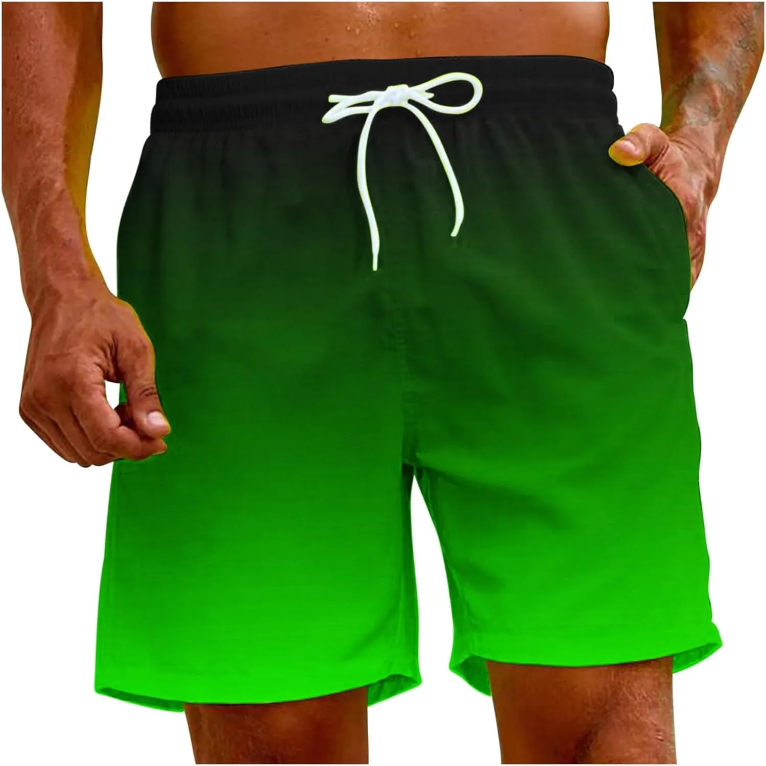 Mens Summer Beach Short Pants Gradient Drawstring Elastic Stretch Casual Shorts Multi-Pocket Fast Dry Baggy Jorts