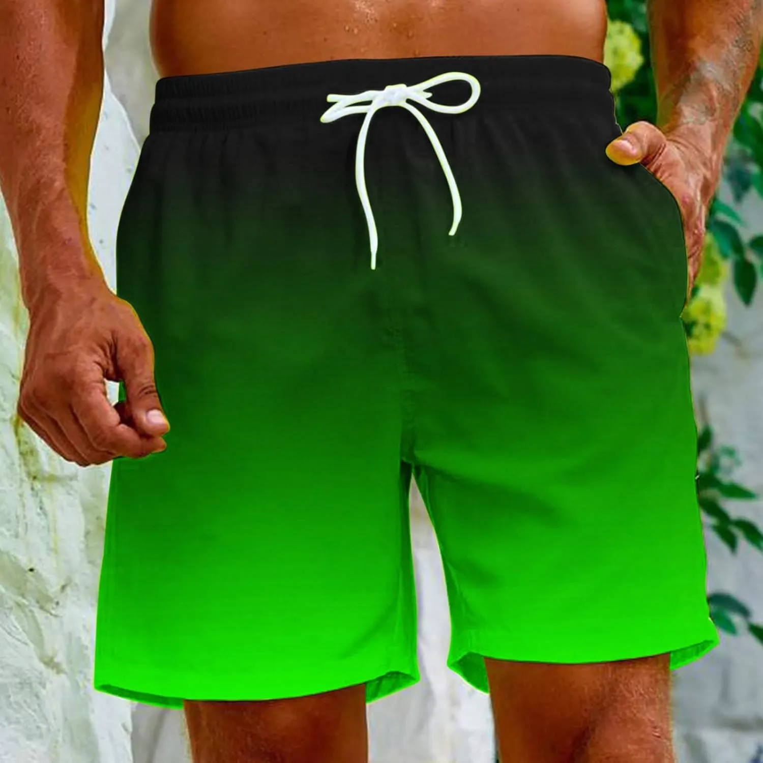 Mens Summer Beach Short Pants Gradient Drawstring Elastic Stretch Casual Shorts Multi-Pocket Fast Dry Baggy Jorts
