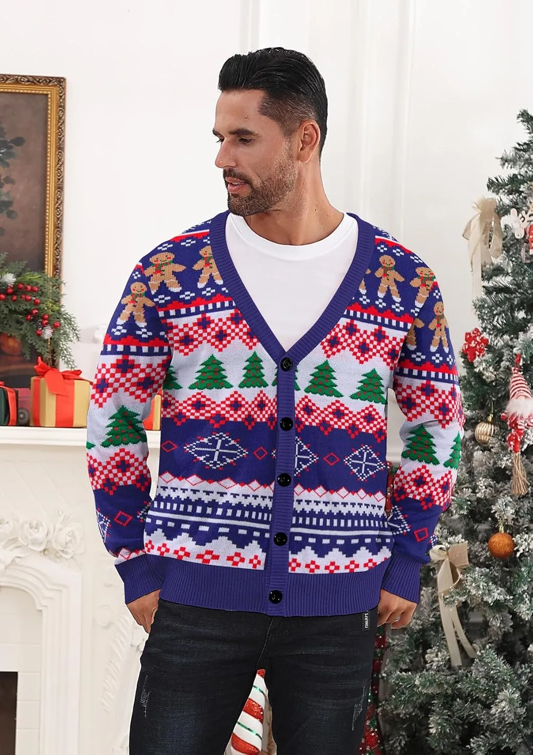 Men's Ugly Christmas Sweater Button Down Long Sleeve Knit Cardigan