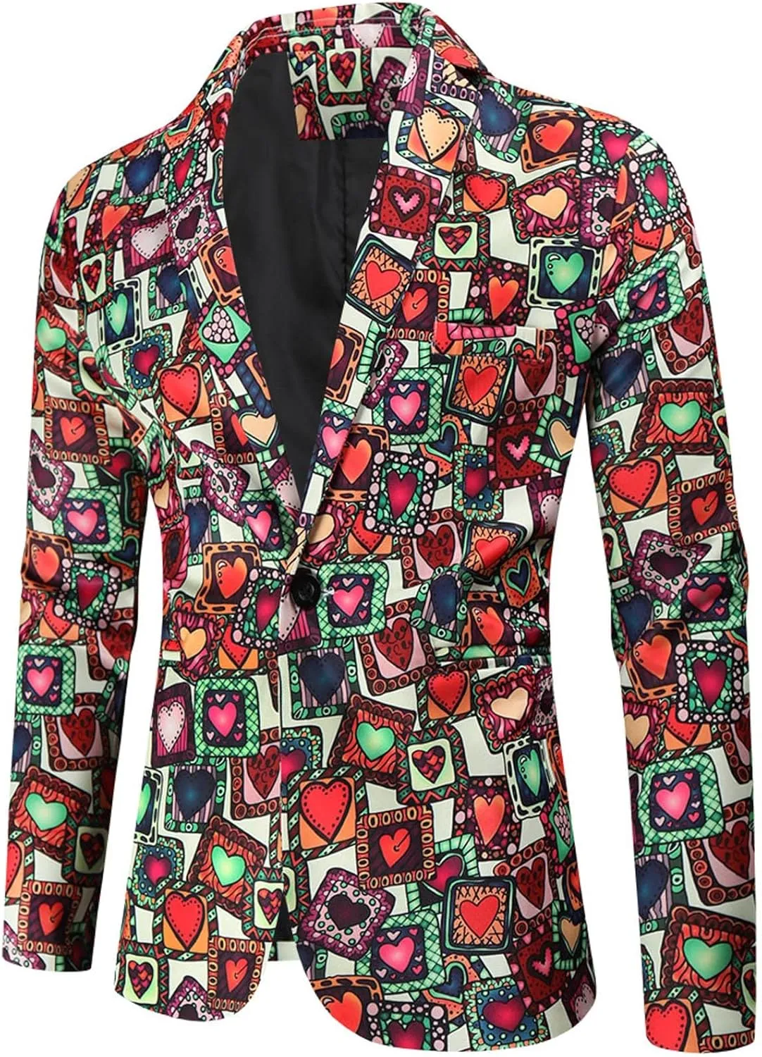 Mens Valentine's Day Tuxedo Jacket Wedding Blazer Love Heart Print One Button Dress Suit Dinner Floral Tuxedo Jacket