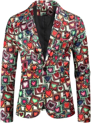 Mens Valentine's Day Tuxedo Jacket Wedding Blazer Love Heart Print One Button Dress Suit Dinner Floral Tuxedo Jacket