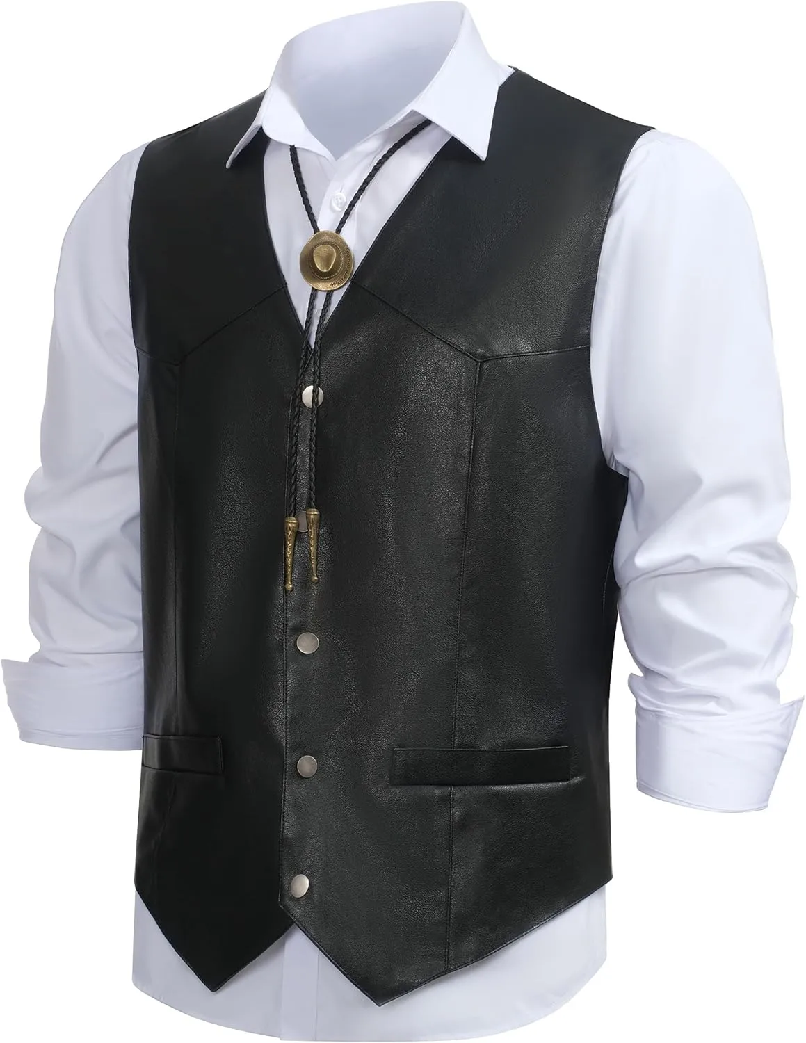 Men's Western Cowboy Vest,Vintage Cowboy Suit Vest with Bolo Tie,Slim Wedding Vests,Leather Light Casual Vests