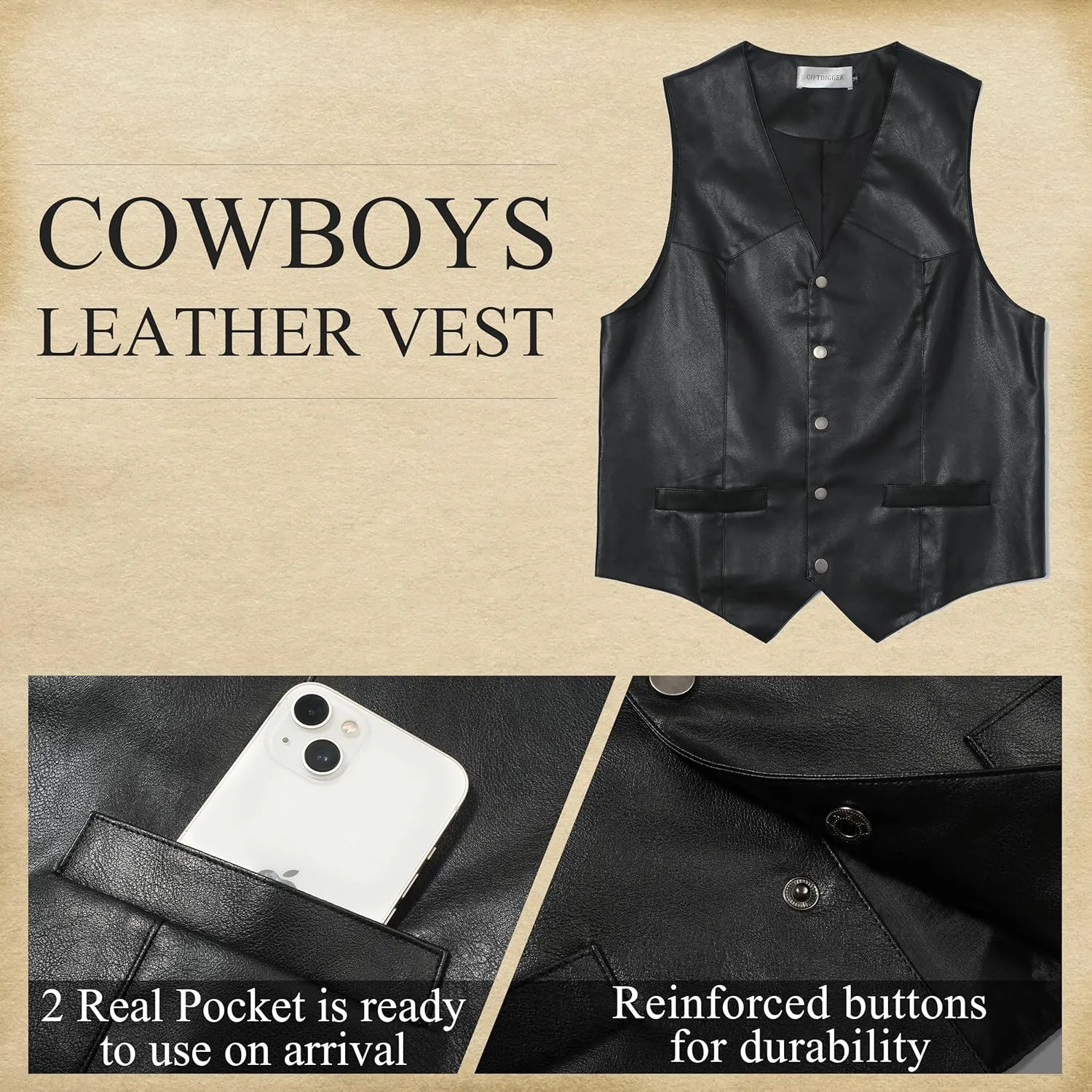 Men's Western Cowboy Vest,Vintage Cowboy Suit Vest with Bolo Tie,Slim Wedding Vests,Leather Light Casual Vests