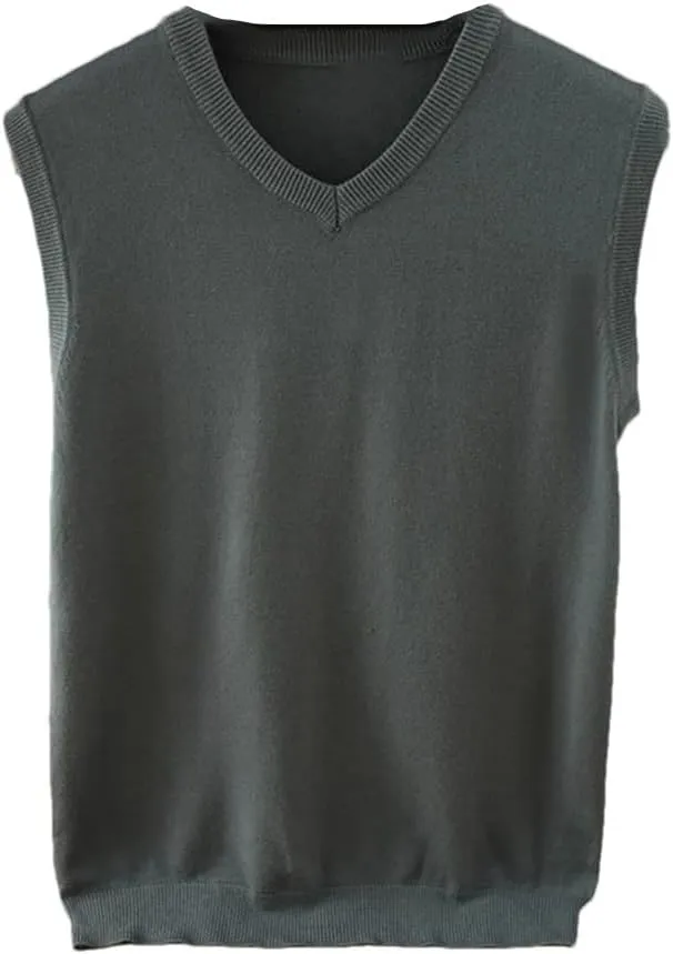 Men's Wool Knitted Vest V-Neck Solid Color Soft Warm Vest Sweater Sleeveless Pullover Sweater