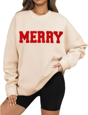Merry Christmas Sweatshirts for Women Glitter Patch Merry Letter Shirts Crewneck Xmas Gifts Oversized Pullover Top