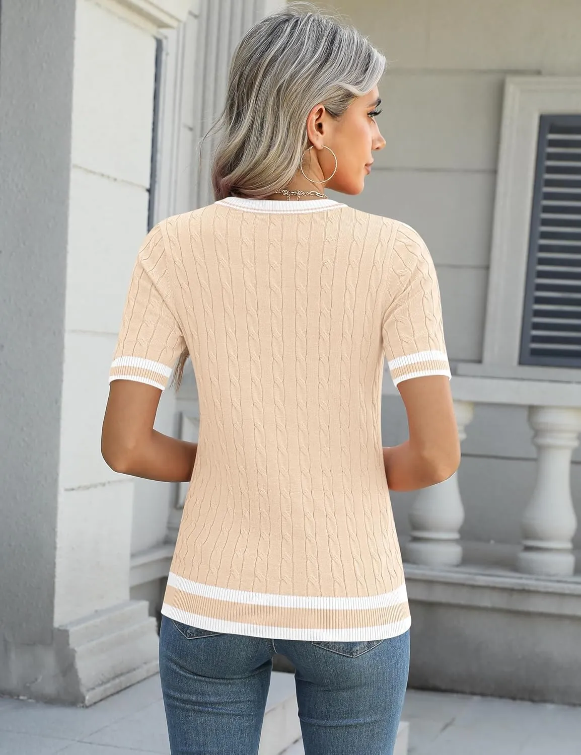 Micoson Womens Short Sleeve Cable Knit Sweater Tops Crewneck Lightweight Spring Summer Shirts Business Dressy Casual Outfits