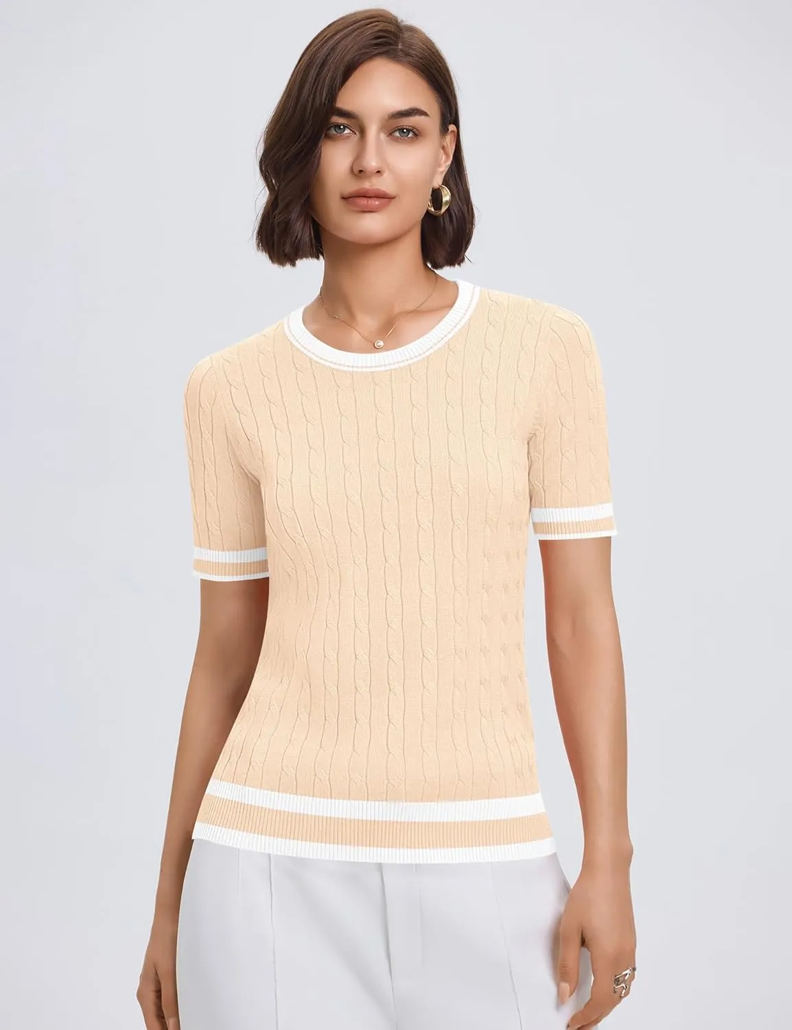 Micoson Womens Short Sleeve Cable Knit Sweater Tops Crewneck Lightweight Spring Summer Shirts Business Dressy Casual Outfits