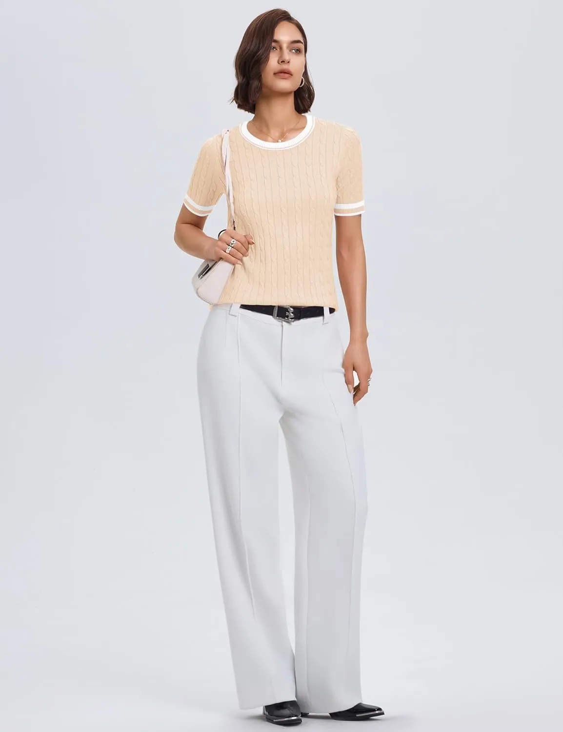 Micoson Womens Short Sleeve Cable Knit Sweater Tops Crewneck Lightweight Spring Summer Shirts Business Dressy Casual Outfits