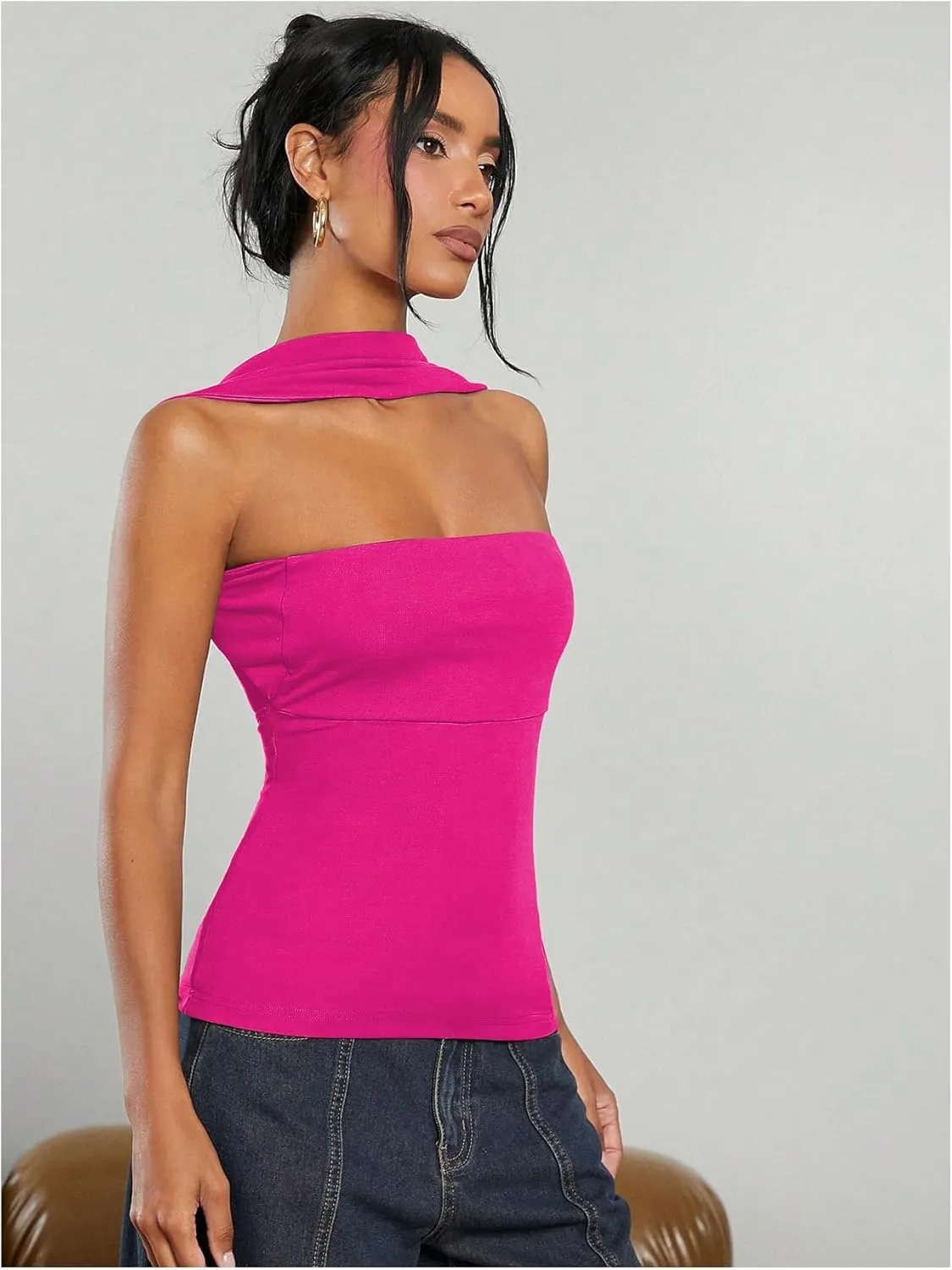 Milumia Women Ruched Strapless Halter Tube Top Open Back Slim Fit Bandeau Shirts
