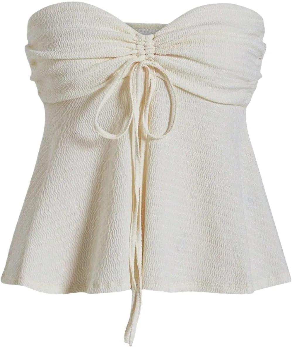 Milumia Women Tie Front Ruched Tube Top Strapless Flared Hem Peplum Bandeau Tops