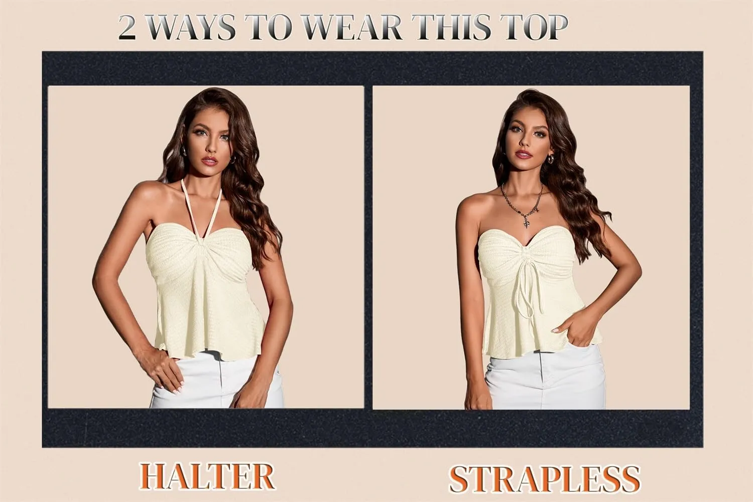 Milumia Women Tie Front Ruched Tube Top Strapless Flared Hem Peplum Bandeau Tops
