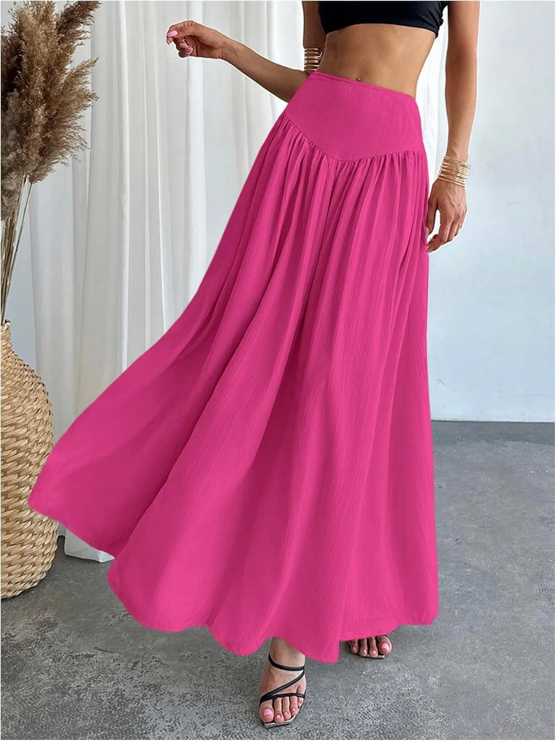 Milumia Women's Pleated Flowy Long Skirts High Waist Maxi Skirt with Pocket