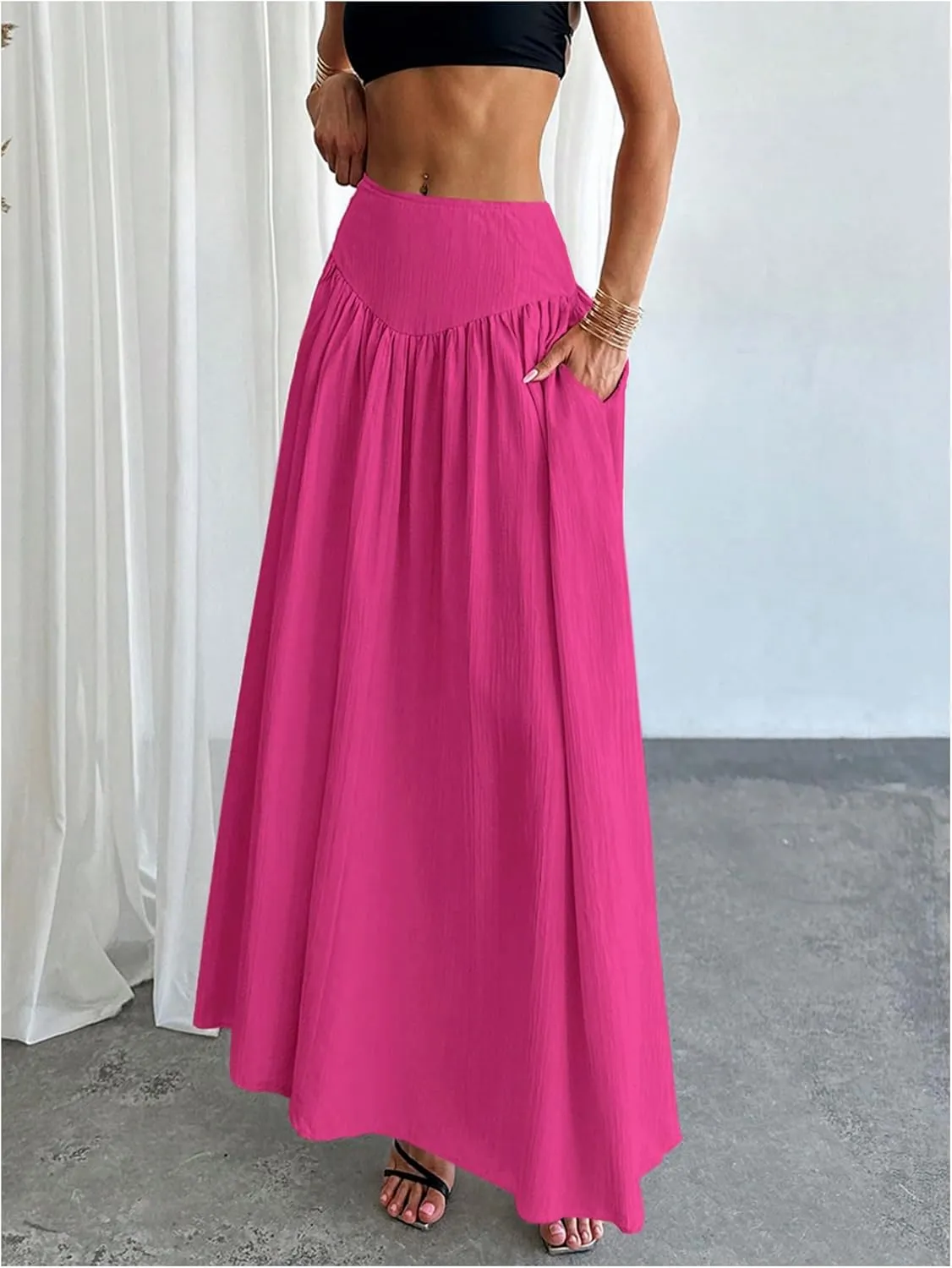 Milumia Women's Pleated Flowy Long Skirts High Waist Maxi Skirt with Pocket