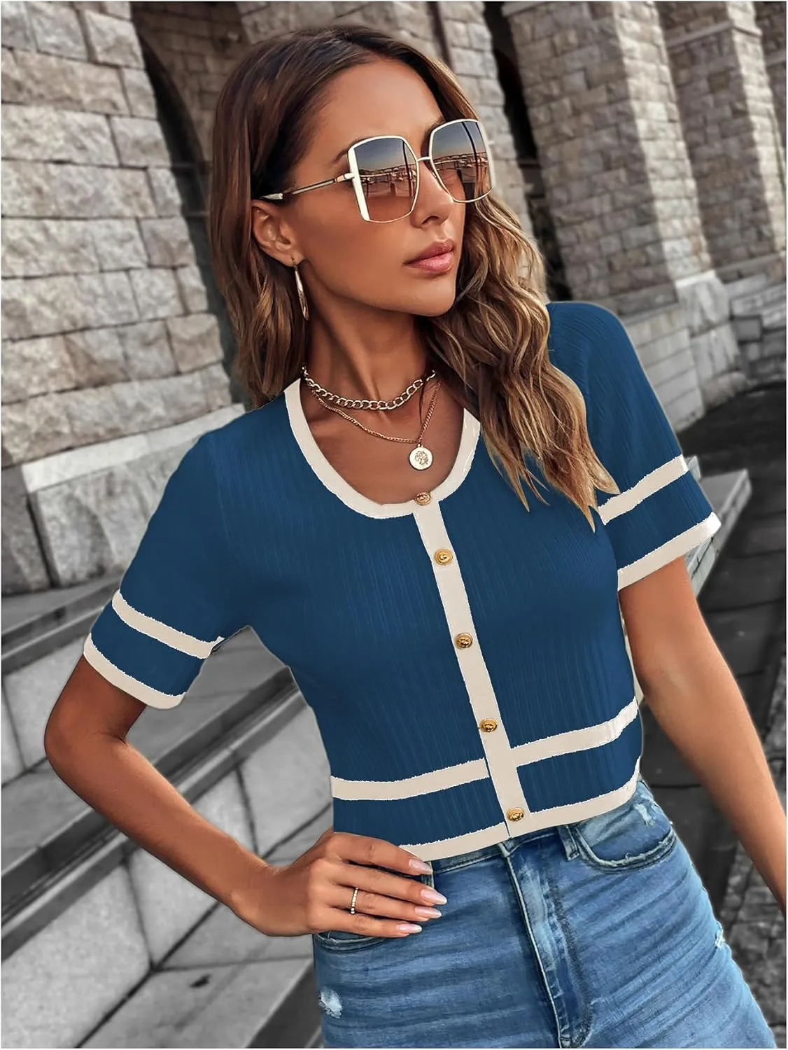 Milumia Women's Striped Button Up Cropped Short Sleeve Knit Tops