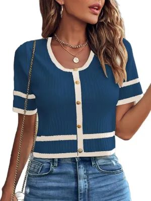 Milumia Women's Striped Button Up Cropped Short Sleeve Knit Tops