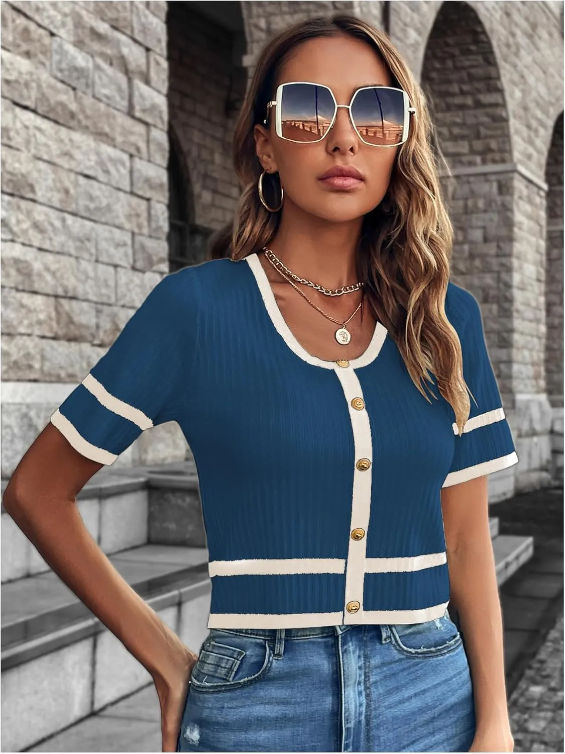 Milumia Women's Striped Button Up Cropped Short Sleeve Knit Tops