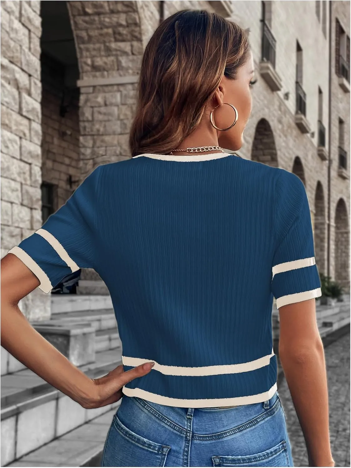 Milumia Women's Striped Button Up Cropped Short Sleeve Knit Tops