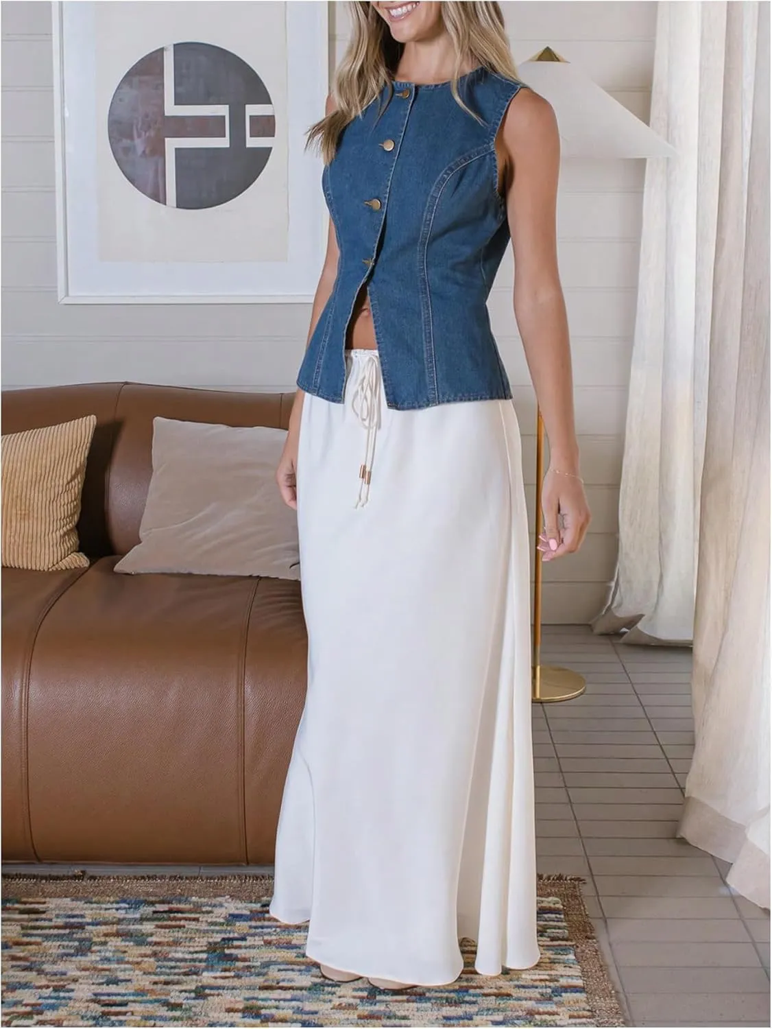 Milumia Women's Vintage Button Down Denim Tank Top Split Hem Sleeveless Vests