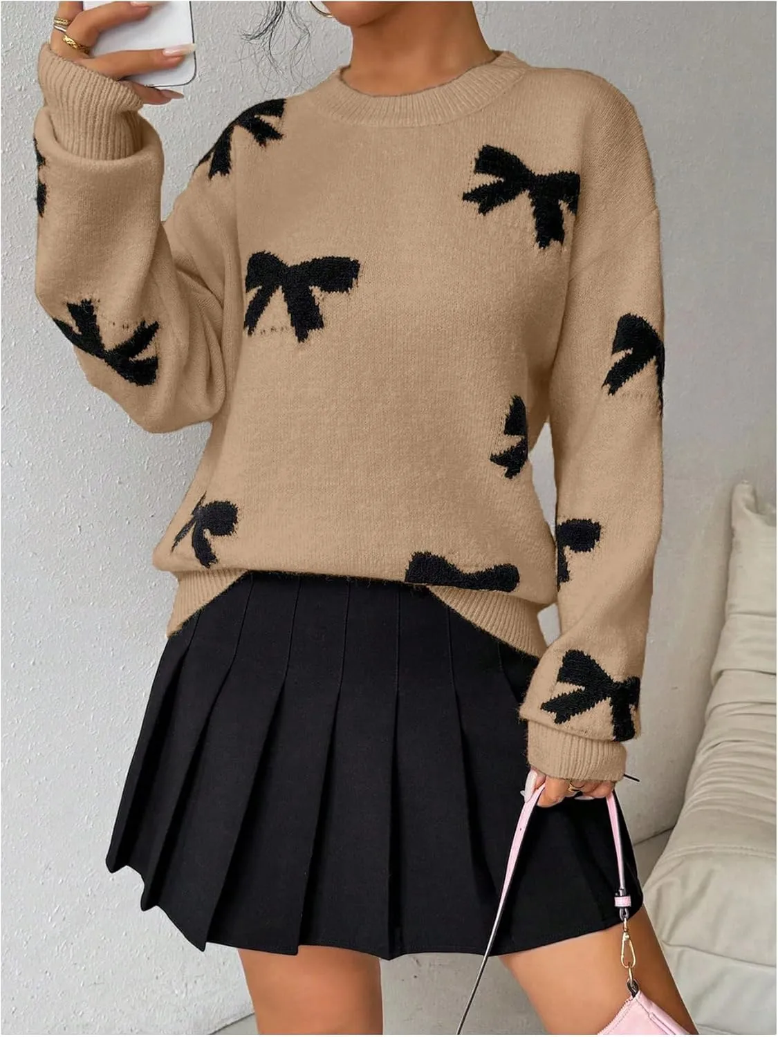 Milumia Women's Y2K Bow Sweater Long Sleeve Crew Neck Knit Pullover Top