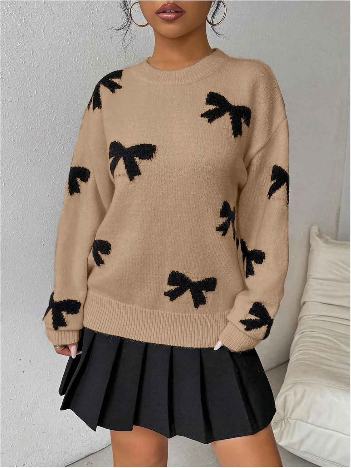 Milumia Women's Y2K Bow Sweater Long Sleeve Crew Neck Knit Pullover Top