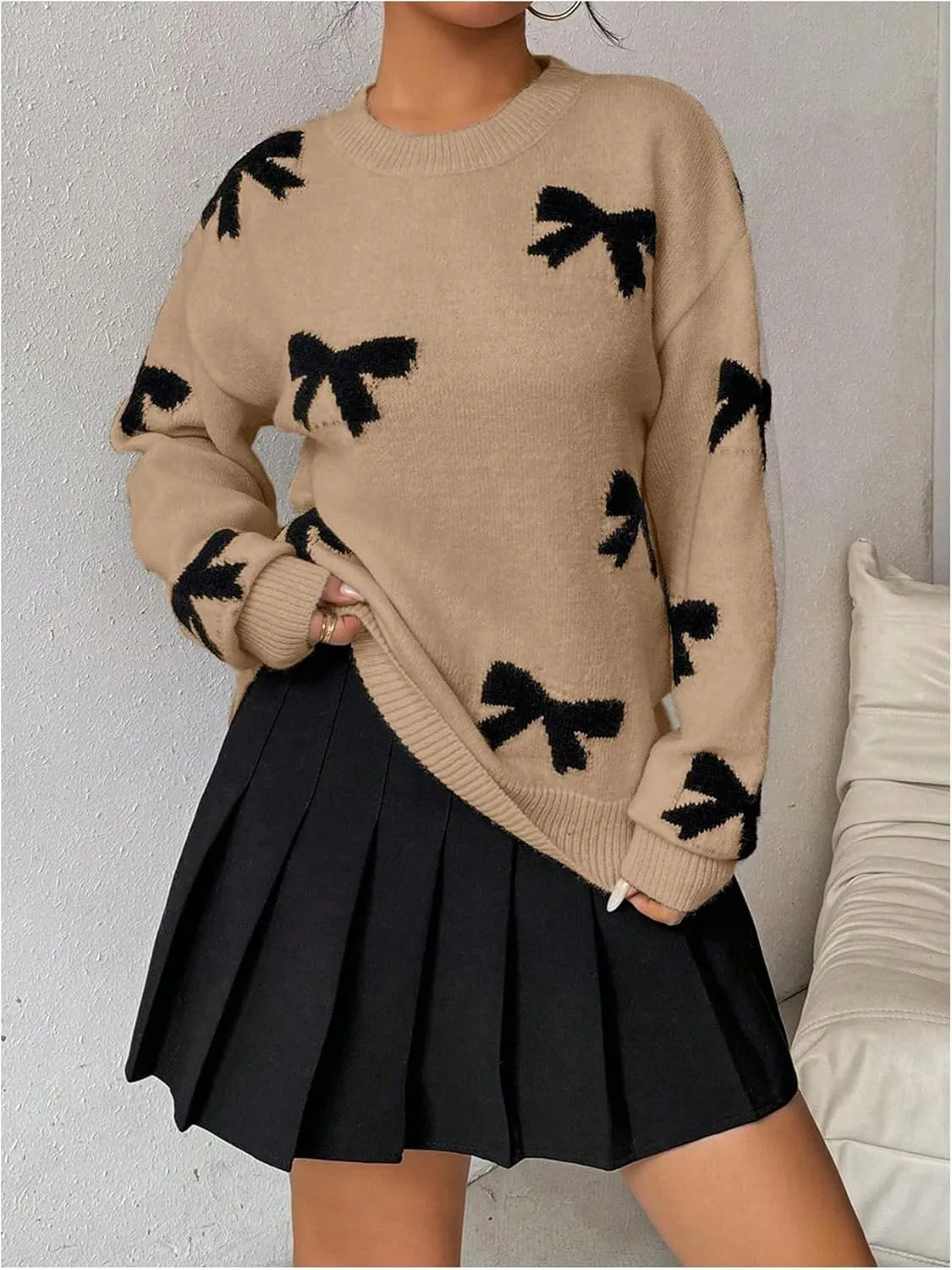 Milumia Women's Y2K Bow Sweater Long Sleeve Crew Neck Knit Pullover Top