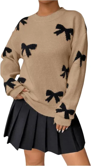 Milumia Women's Y2K Bow Sweater Long Sleeve Crew Neck Knit Pullover Top