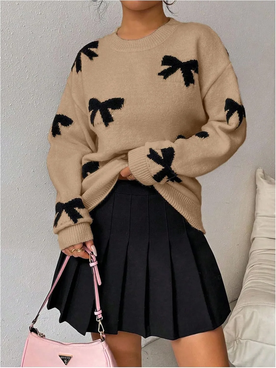 Milumia Women's Y2K Bow Sweater Long Sleeve Crew Neck Knit Pullover Top